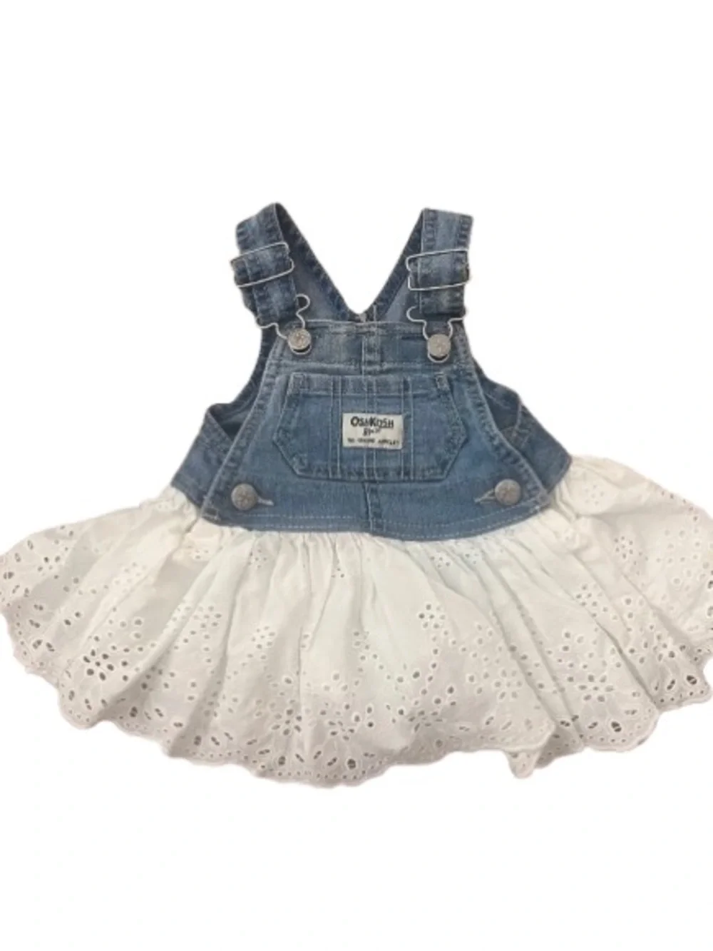 OshKosh B'gosh Blue Denim Overall Dress with White Eyelet Skirt